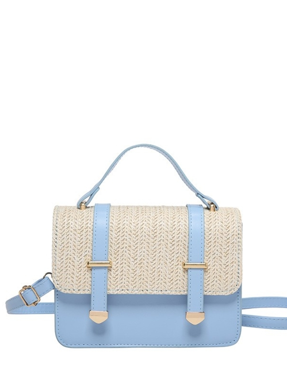 Straw & Leather Top-Handle Crossbody Bag - Light Blue
